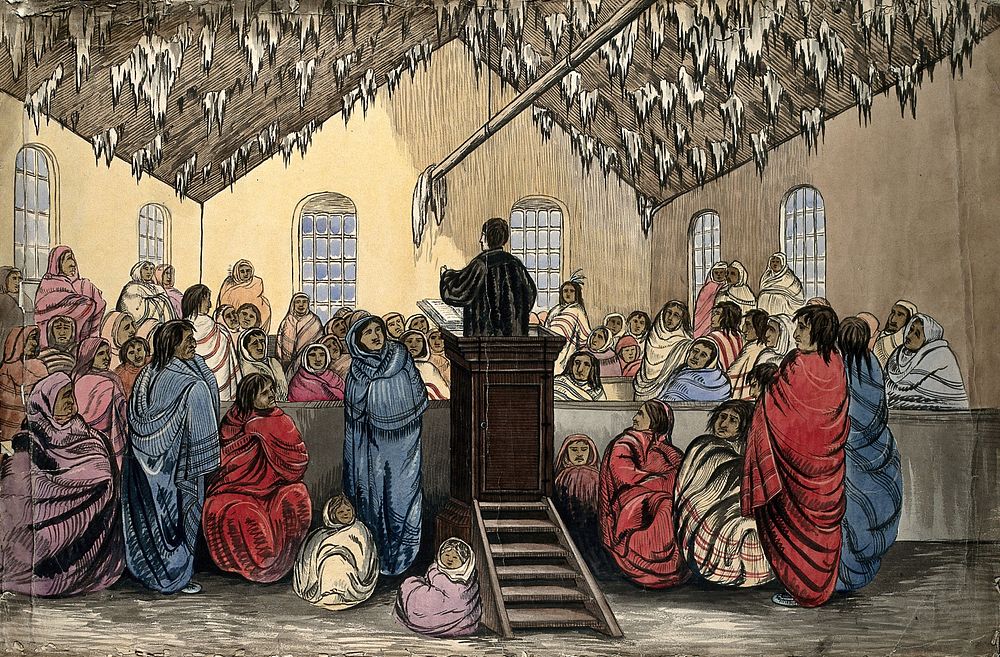 Red River Settlement, Canada: a Christian missionary preaching to native North Americans. Watercolour attributed to an…