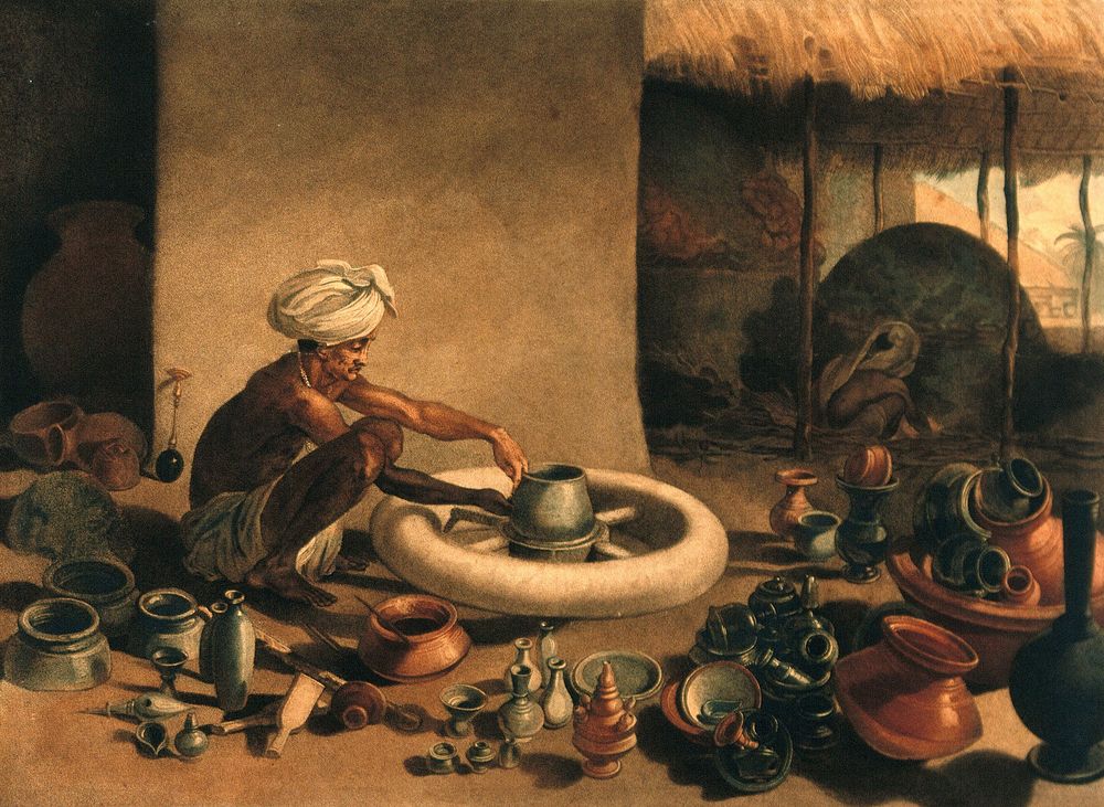 A potter at work, with all the various utensils made surrounding him. Coloured stipple engraving by J. Wright after A.W.…
