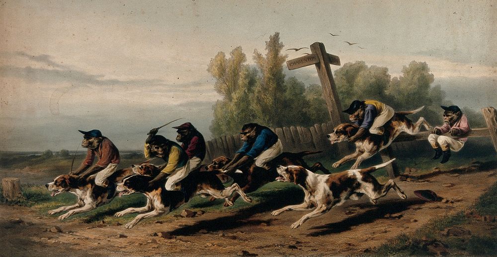 Monkeys dressed as jockeys riding hounds to the Charenton insane asylum. Colour lithograph by Régnier, Béttannier and Morlon…