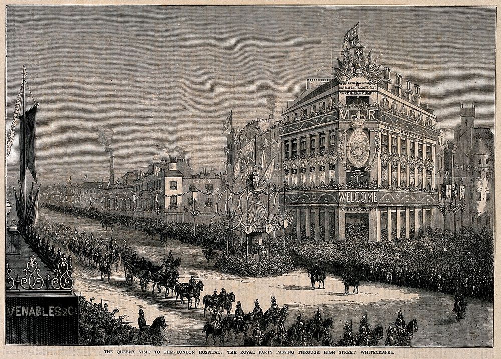 The London Hospital, Whitechapel: Queen Victoria returning in procession from the hospital. Wood engraving, 1876.