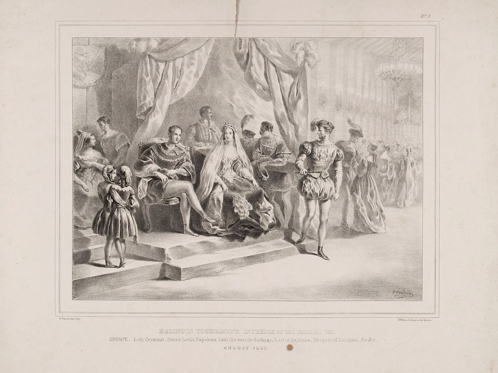 Eglinton Tournament: guests in the banqueting hall and ballroom in Eglinton Castle. Lithograph by H. Wilson after C.A.…