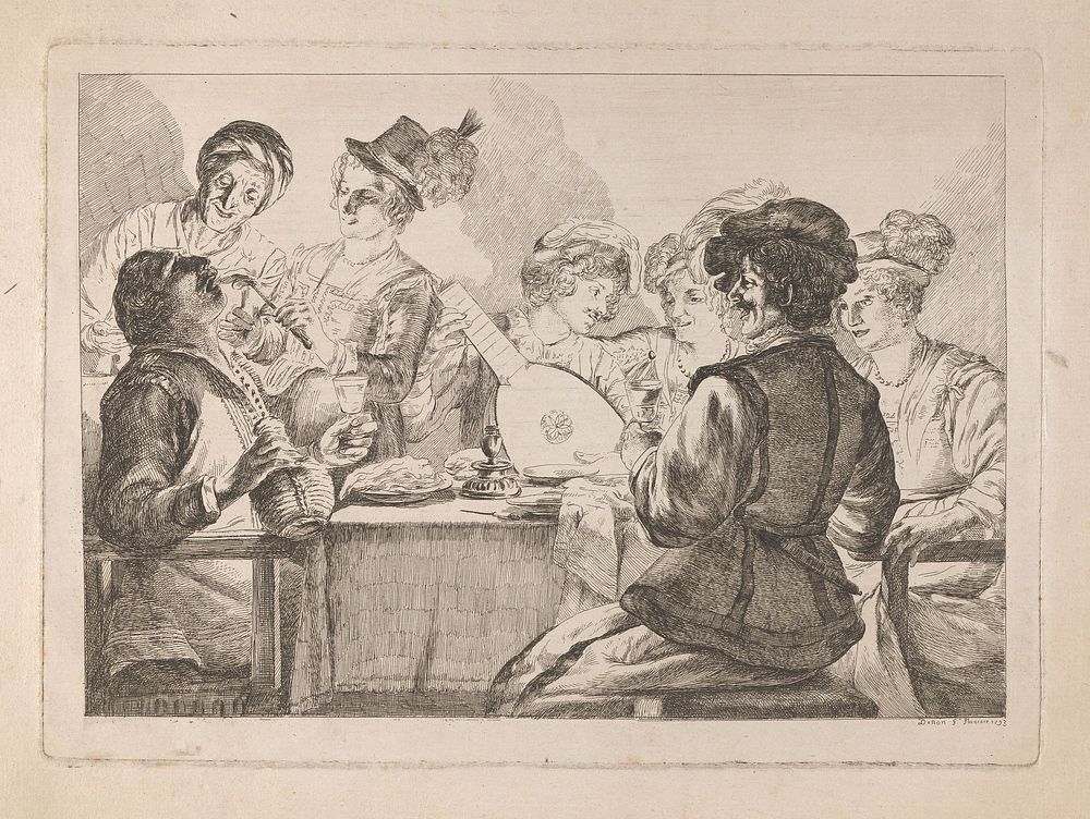 A dinner party: a young man plays the lute while a young woman puts a piece of meat into the mouth of the man at the head of…