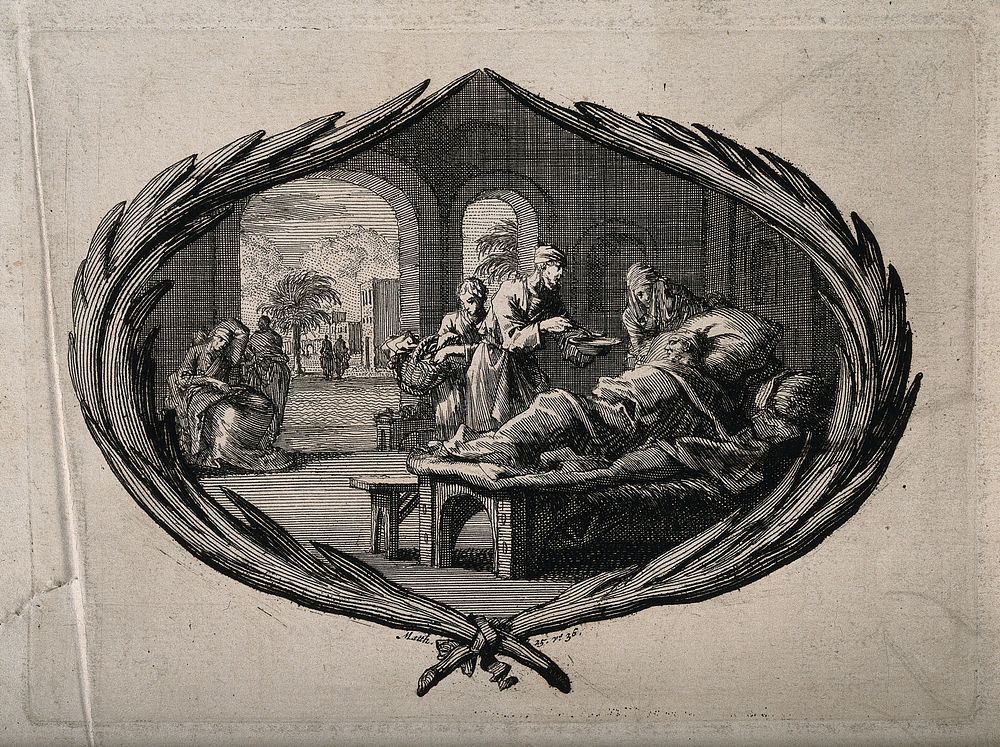 A couple come to visit the sick people in a hospice, the man attempts to feed one with some nourishment. Etching.