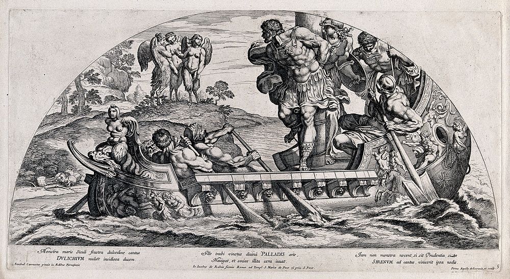 Ulysses [Odysseus] and the Sirens. Etching by P. Aquila after Annibale Carracci.