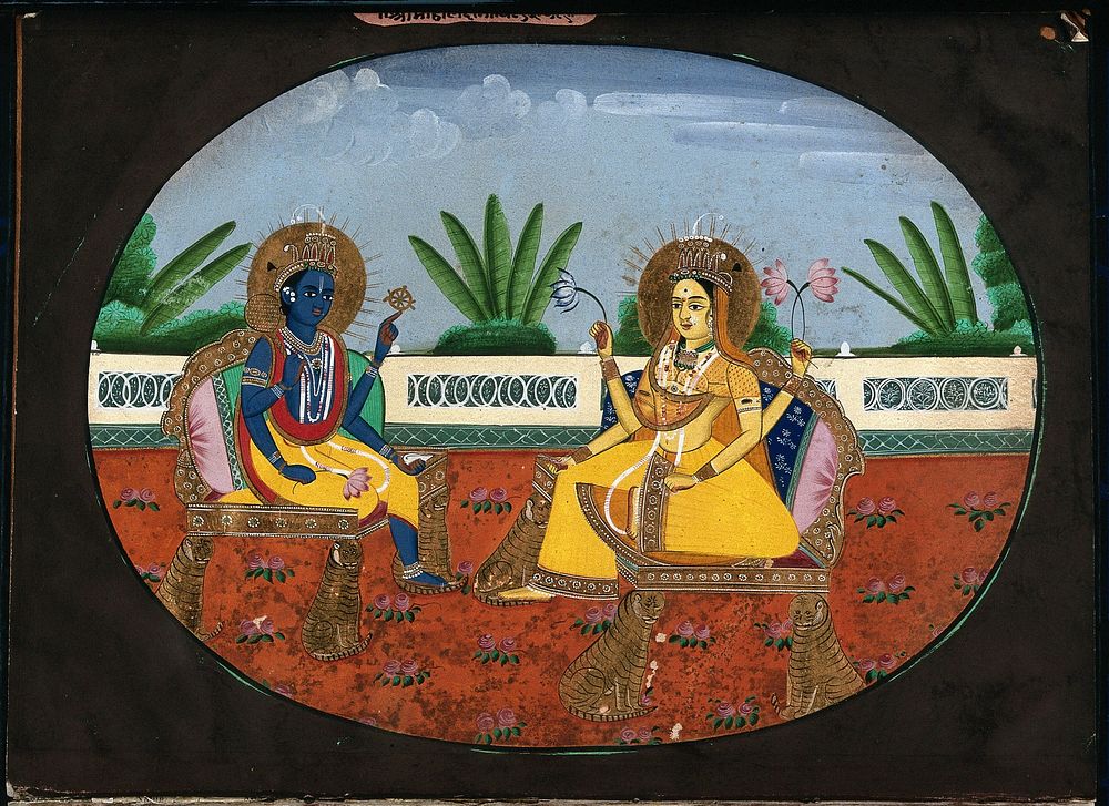 Vishnu and Lakshmi  seated on golden thrones, across each other. Gouache painting by an Indian artist.