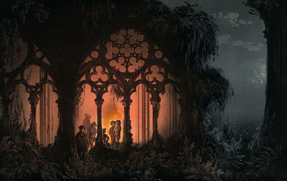Five men standing inside the ruins of a Gothic church, at night. Coloured aquatint, ca. 1800.