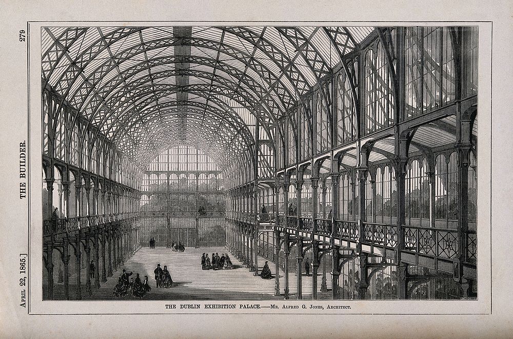 The interior of the Dublin Exhibition Palace, Ireland. Wood engraving by W.E. Hodgkin, 1865, after A.G. Jones.