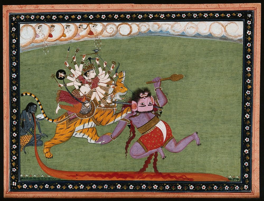Mahisauramardini; Durga slaying the buffalo demon, Mahishasura. Gouache painting by an Indian painter.