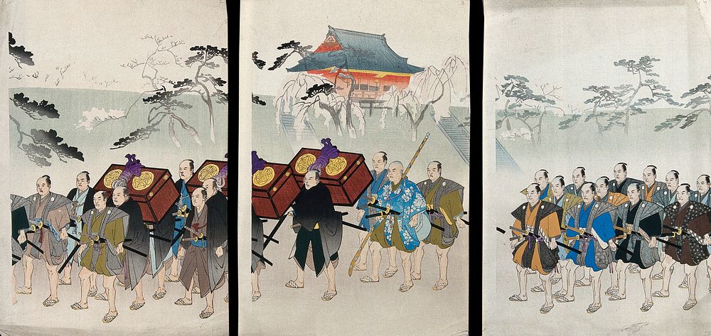 A shogunal procession from Edo Castle to Ueno hill. Colour woodcut by Chikanobu, ca. 1900.