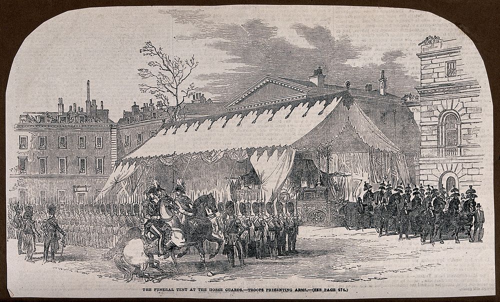 The funeral tent of the Duke of Wellington at the Horse Guards in London in 1852. Wood engraving.