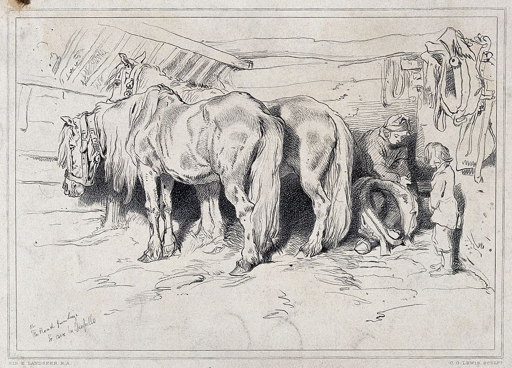 Two horses in a stable with a woman sitting next to them mending a yoke. Reproduction of an etching by C. G. Lewis after E.…