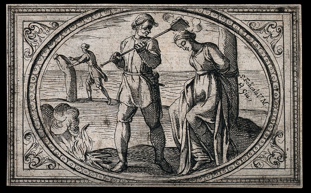 Saint Felicula tied to a pole and burnt, and later being drowned. Etching by A. Tempesta, 15--.