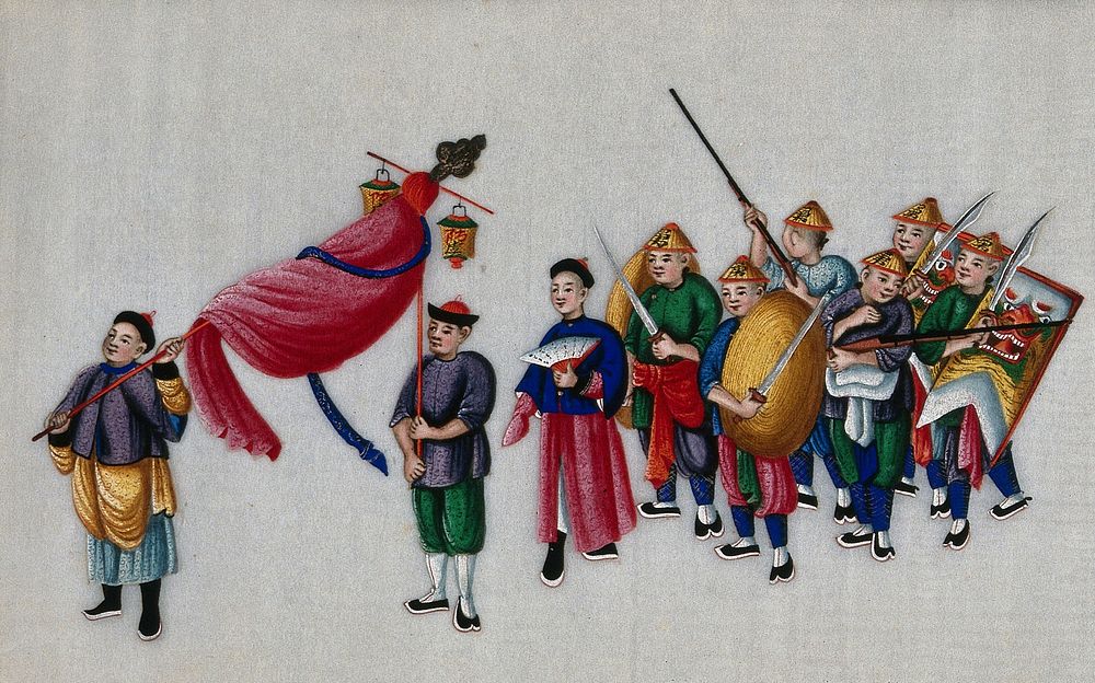 A procession with figures carrying swords and shields. Painting by a Chinese artist, ca. 1850.