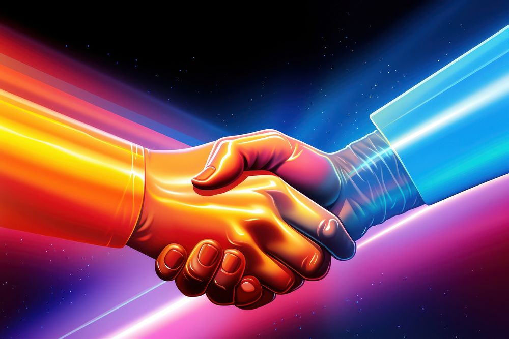 Airbrush art of handshake technology futuristic agreement.