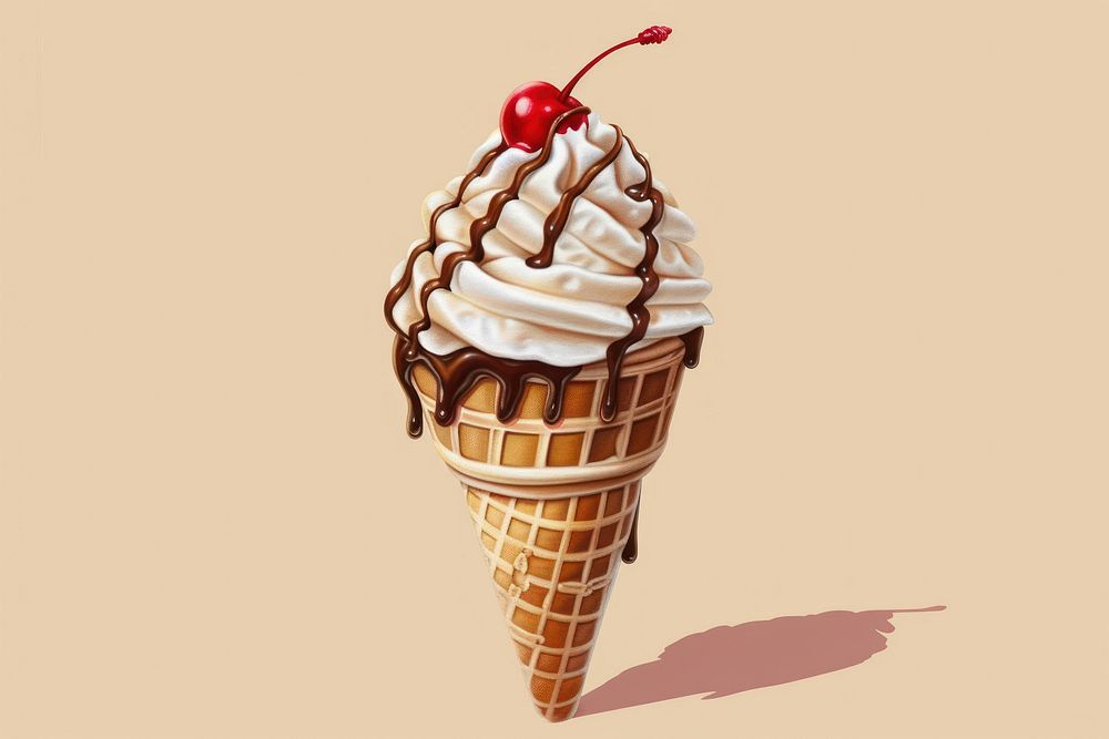Waffle cone covered in whipped cream with chocolate topping with cherry decoration dessert food freshness.
