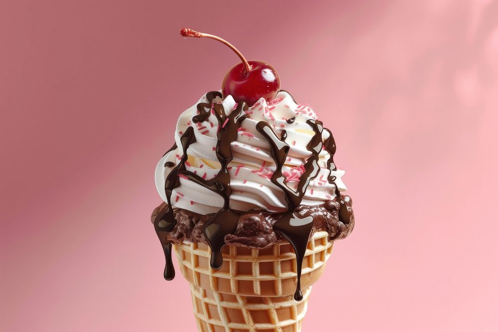 Waffle cone covered in whipped cream with chocolate topping with cherry decoration dessert sundae food.