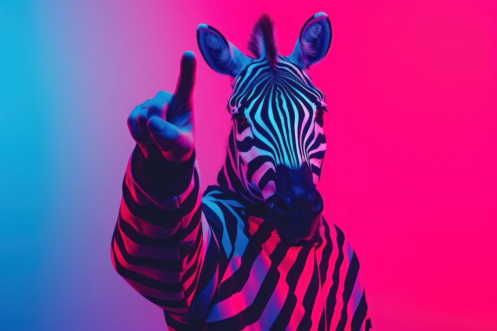Zebra mask point finger empty space wildlife animal mammal.