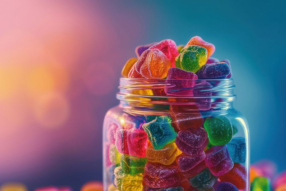A colorful collection of homemade gummy candy in a jar confectionery food variation.