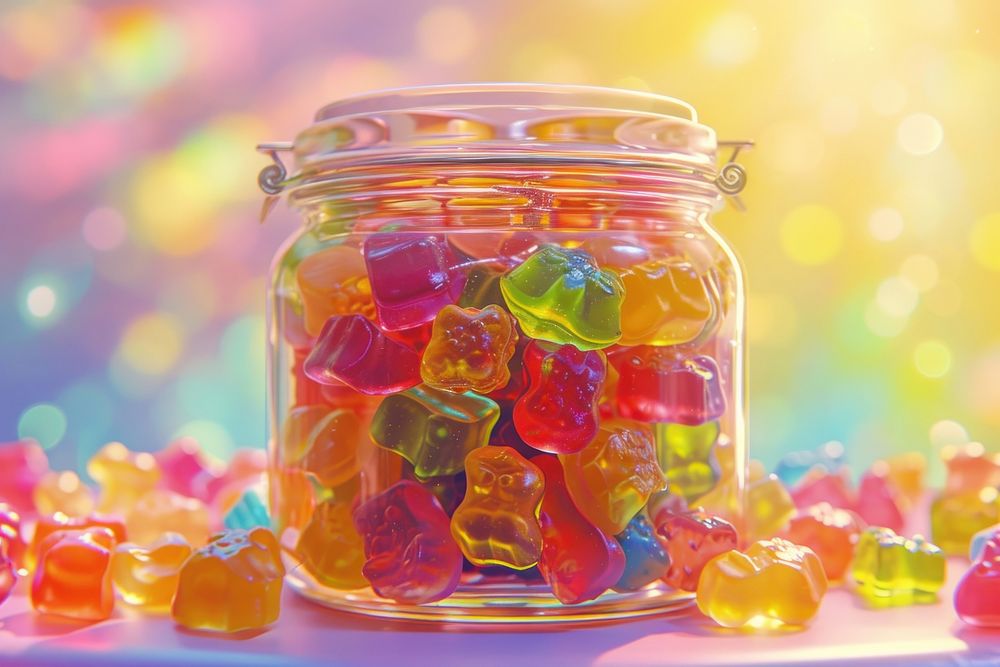 A colorful collection of homemade gummy candy in a jar confectionery food transparent.