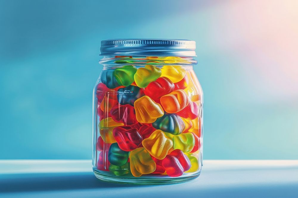A colorful collection of homemade gummy candy in a jar confectionery food container.
