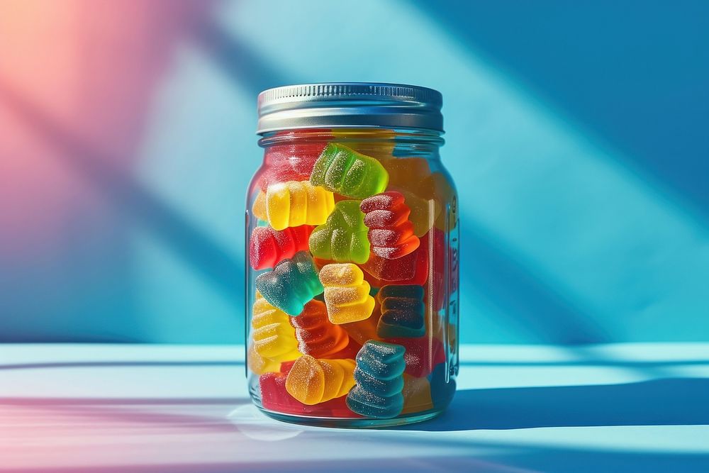 A colorful collection of homemade gummy candy in a jar food confectionery container.