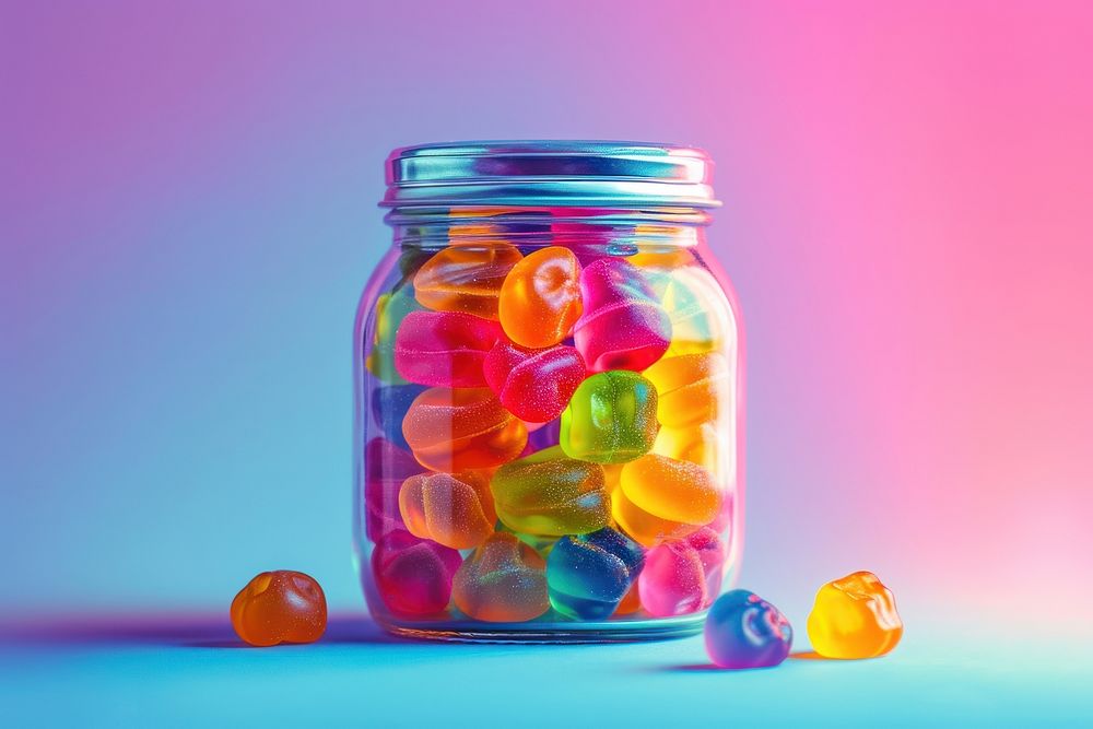 A colorful collection of homemade gummy candy in a jar confectionery food medication.