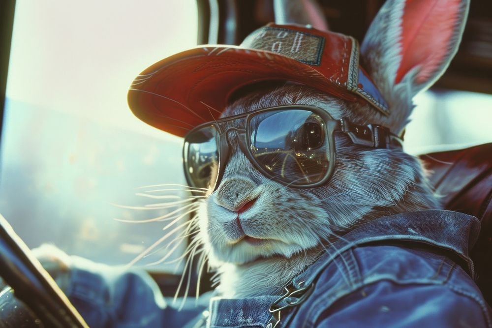 Bunny wearing denim overalls and big rig peterbuilt bus driver hat sunglasses portrait mammal.