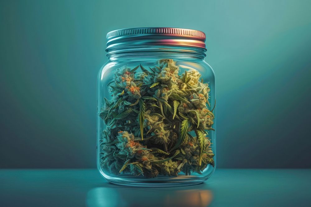Dry medical cannabis buds in jar container medicine lighting.