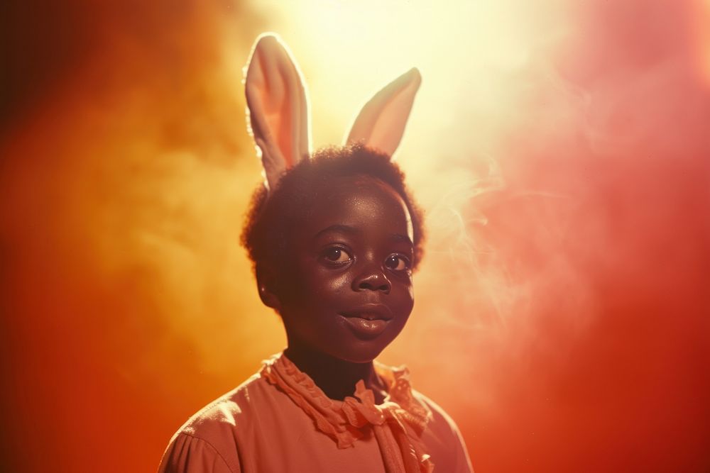 Funny black kid in bunny ears portrait fun celebration.