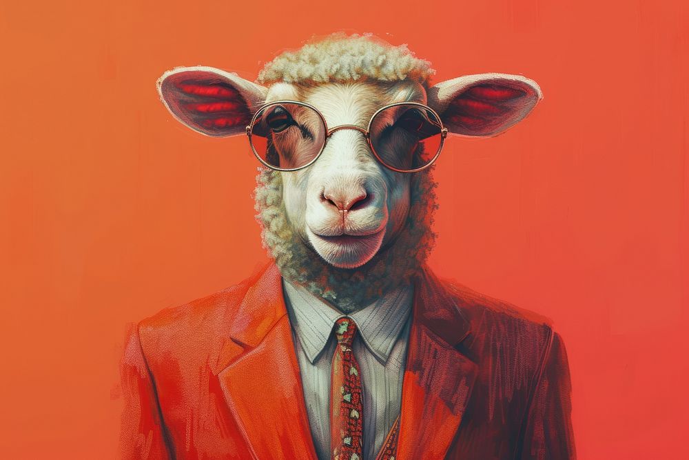 Portrait of sheep wearing business suit with tie and sunglasses portrait livestock animal.