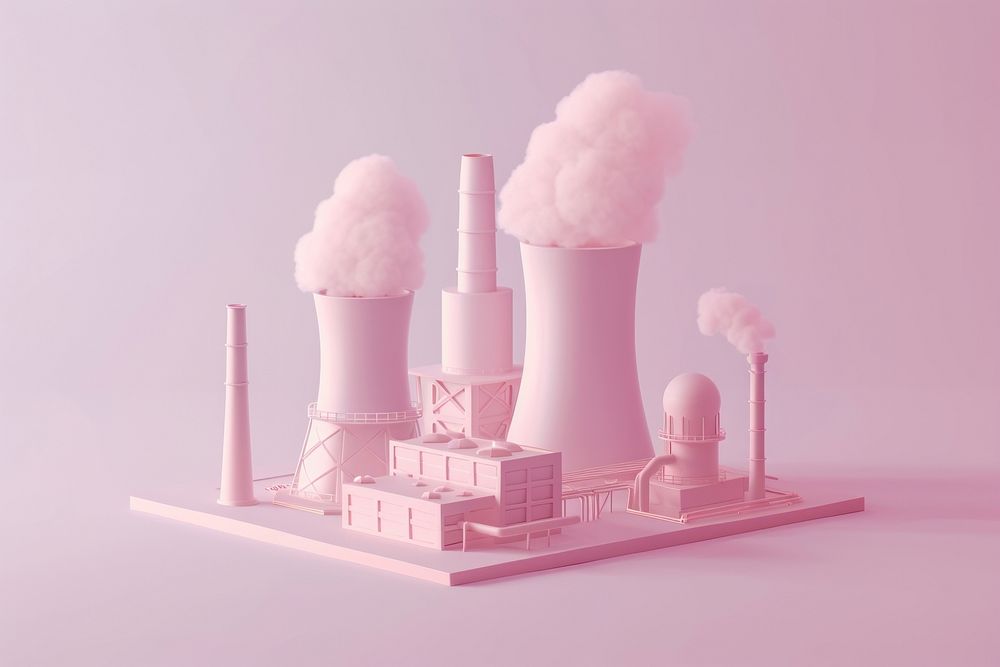 Isometric nuclear powerplant architecture smoke pollution.
