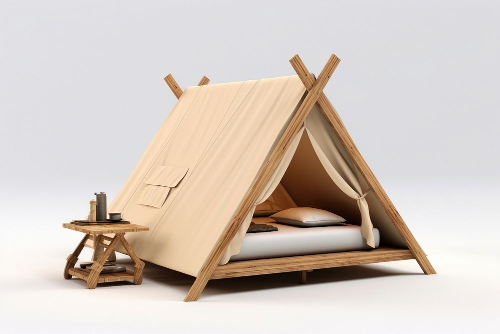 Minimal camping wood furniture tent.