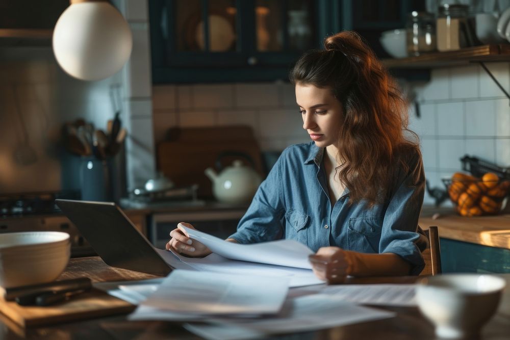 Woman working with paperwork in kitchen reading writing concentration.