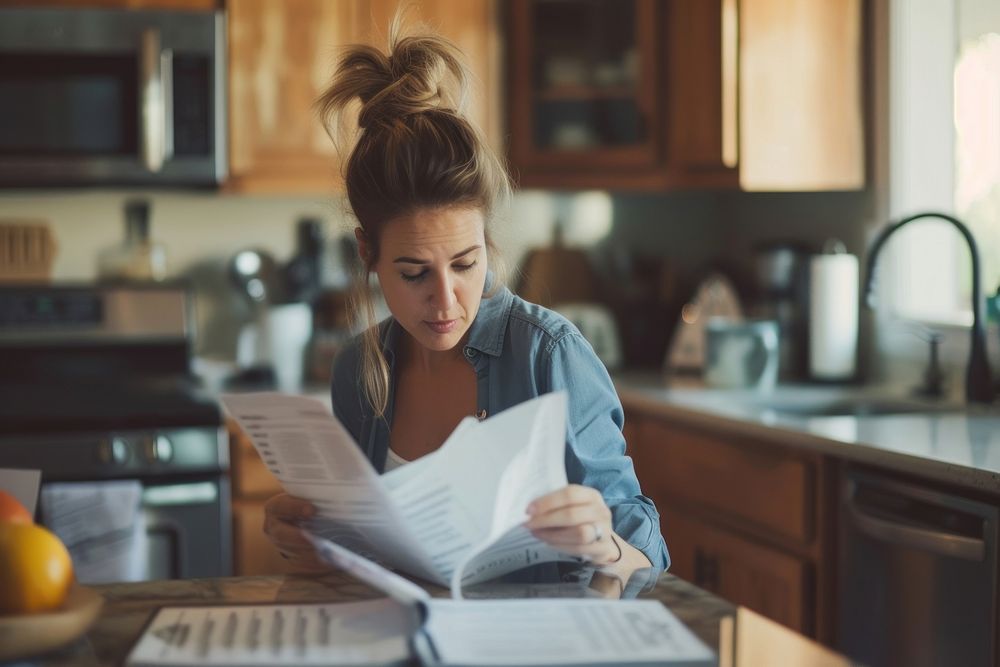 Woman working with paperwork in kitchen reading concentration publication.