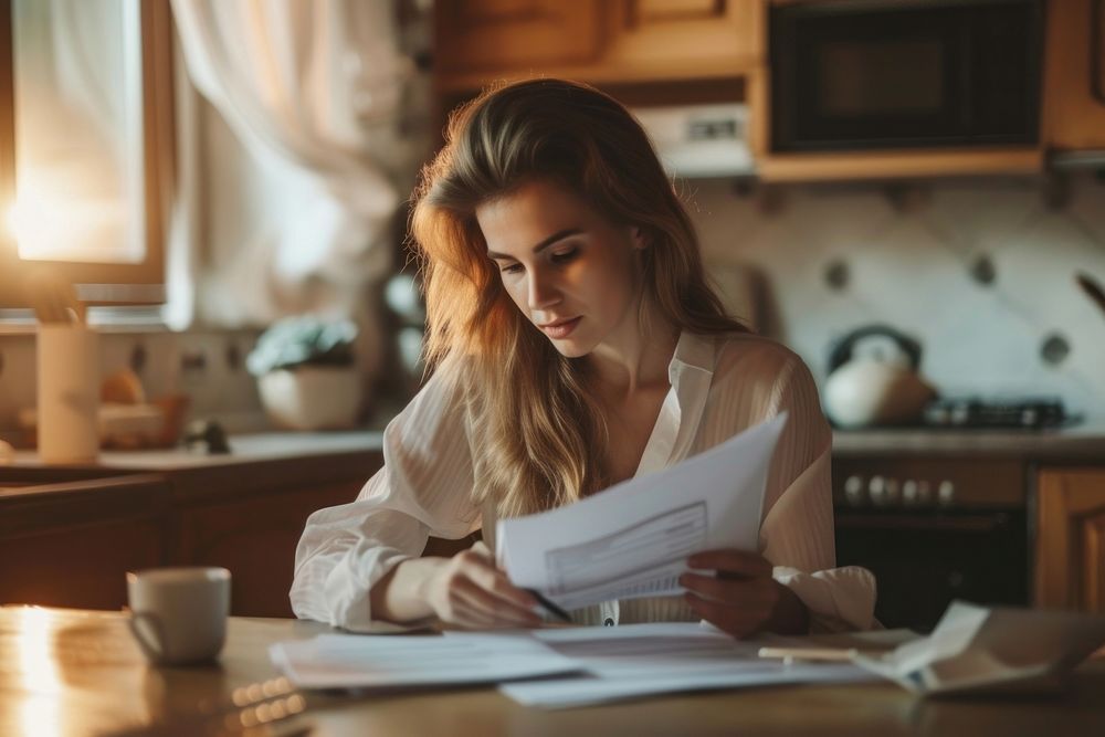 Woman working with paperwork in kitchen document reading adult.