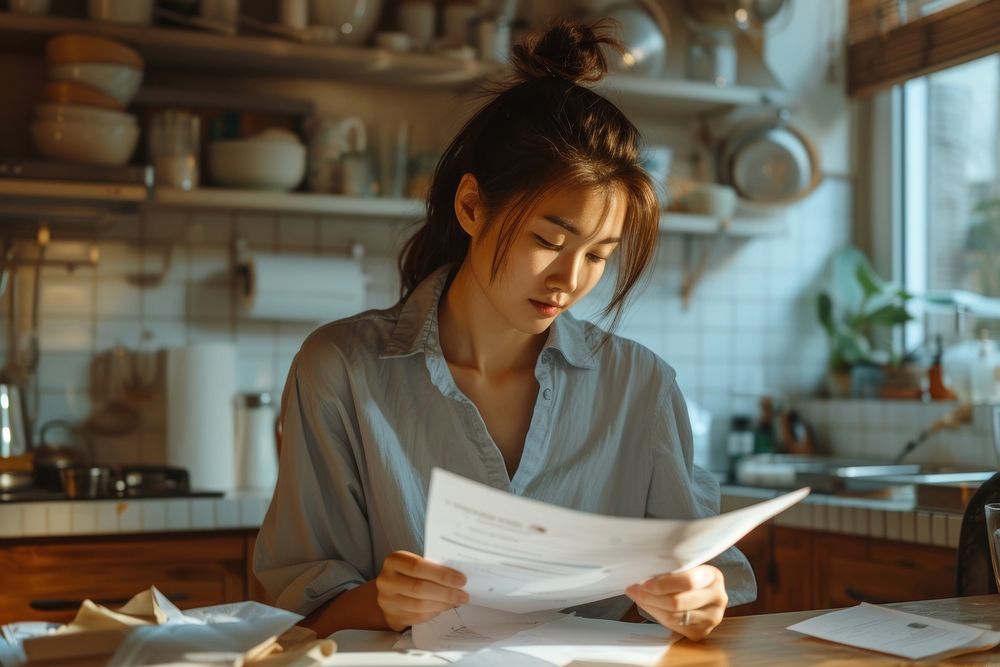 Woman working with paperwork in kitchen reading adult concentration.