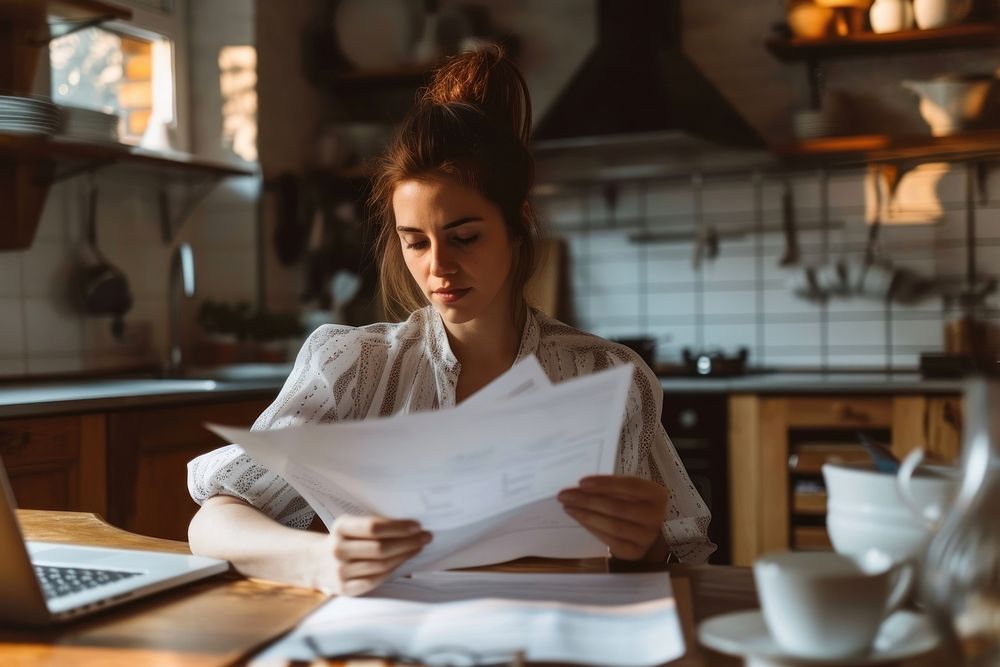 Woman working with paperwork in kitchen document reading writing.