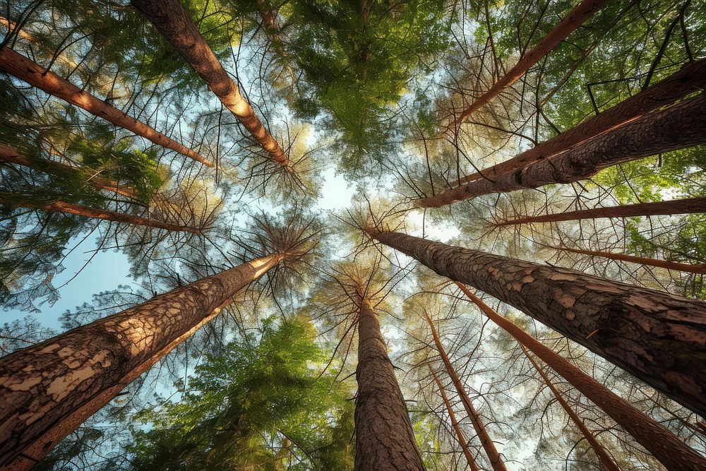 Photo of tall trees forest sunlight outdoors.