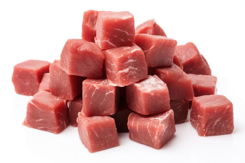 Beef cubes meat food white background.