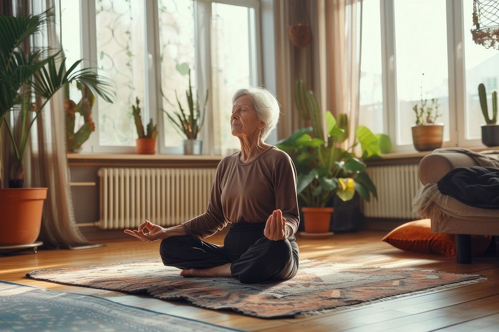 A old woman poses for yoga in an apartment living room adult day contemplation.
