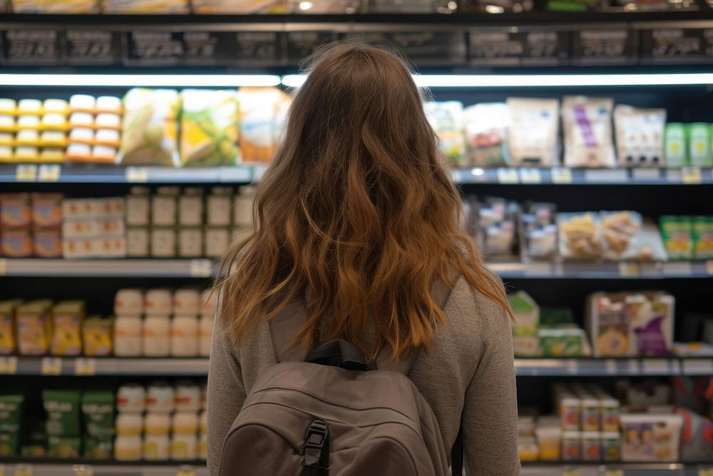 Woman looking product at grocery store supermarket shelf adult.