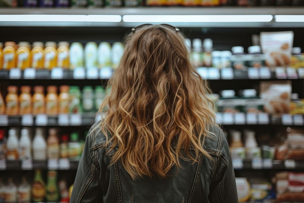 Woman looking product at grocery store adult consumerism supermarket.