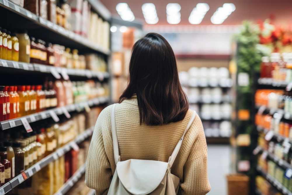 Asian woman looking product at grocery store supermarket shelf adult.