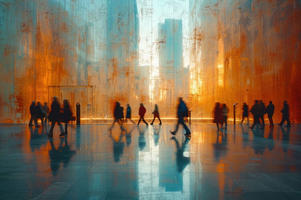 A blurry image of people walking through a lobby city architecture illuminated.