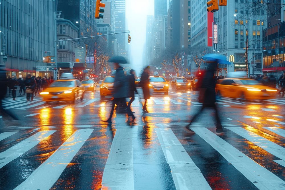 A blurry image of people walking on street city metropolis vehicle adult.