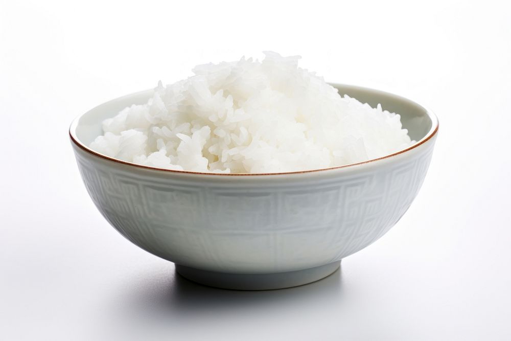 White rice food bowl white background.