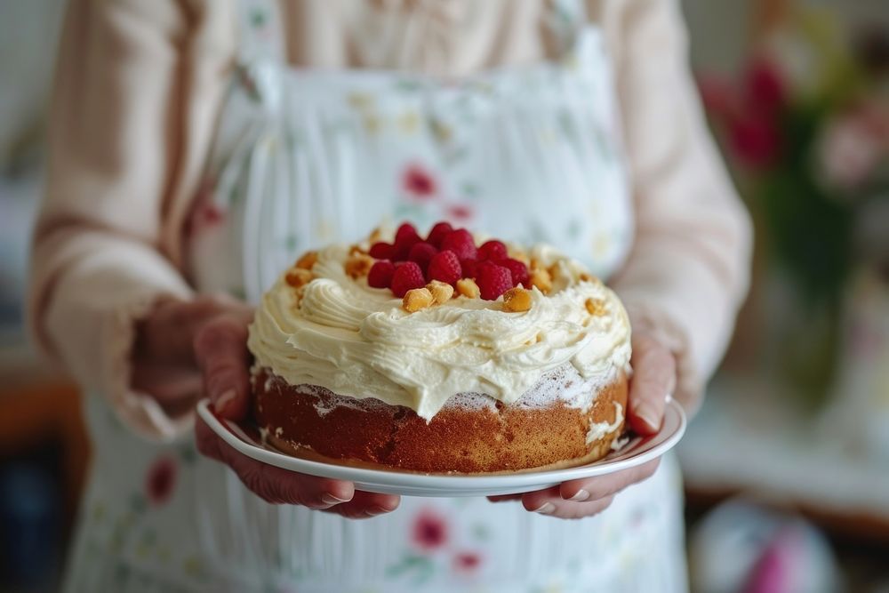 Elderly woman holding birthday cake dessert cream adult.