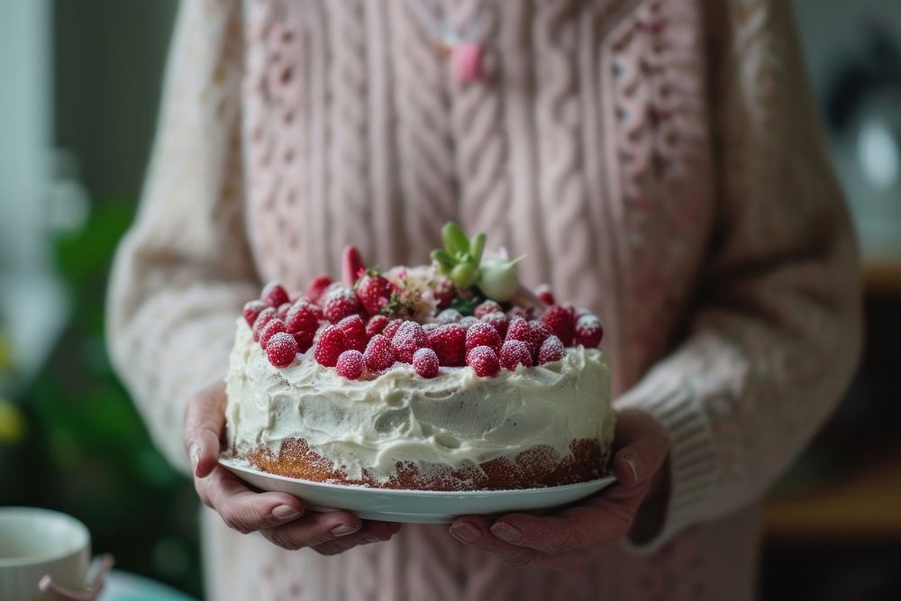 Elderly woman holding birthday cake cheesecake dessert cream.