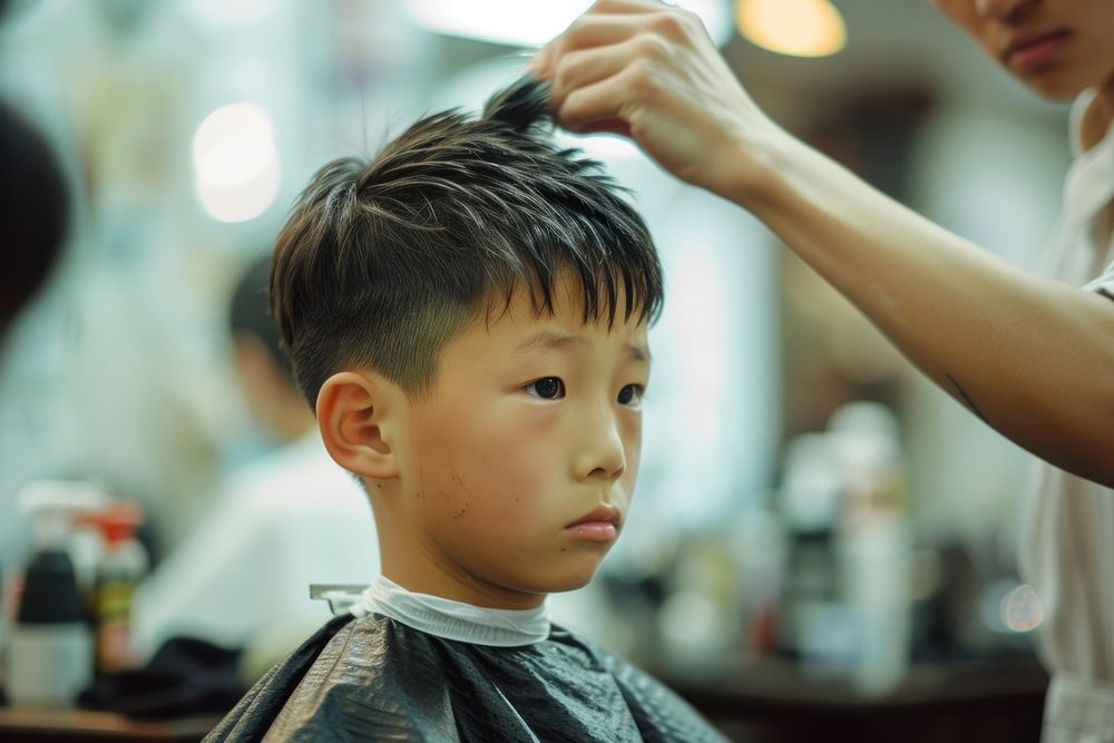 Asian boy getting a haircut in barber child hairdresser hairstyle.