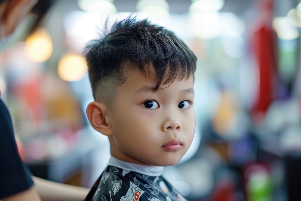 Asian boy getting a haircut in barber portrait photo baby.